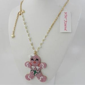 BETSEY JOHNSON Holiday Glitter Gingerbread Girl Pendant Long Necklace Pink NWT